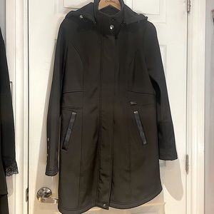 Sleek long black lined zip up hooded jacket spring autumn fall rain jacket